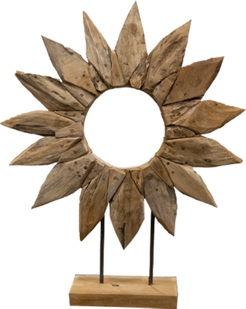 JoJo Living Woonaccessoires - Ornament - Teakhouten ornament Zonnebloem - Bloem open - L - Hoogte 60 cm - Handgemaakt