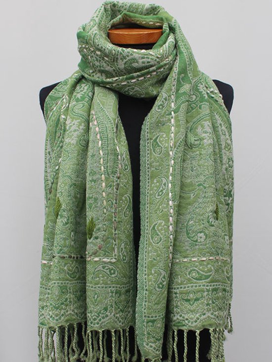 Wollen geborduurde sjaal en omslagdoek Lichtgroen 72 x 185 cm