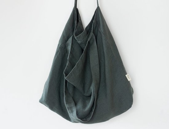 Linnen Label - Duurzaam 100% Europees gewassen linnen Mom bag/ Schoudertas met binnenvakje - 58x42cm met draagbanden 80cm - Bosgroen