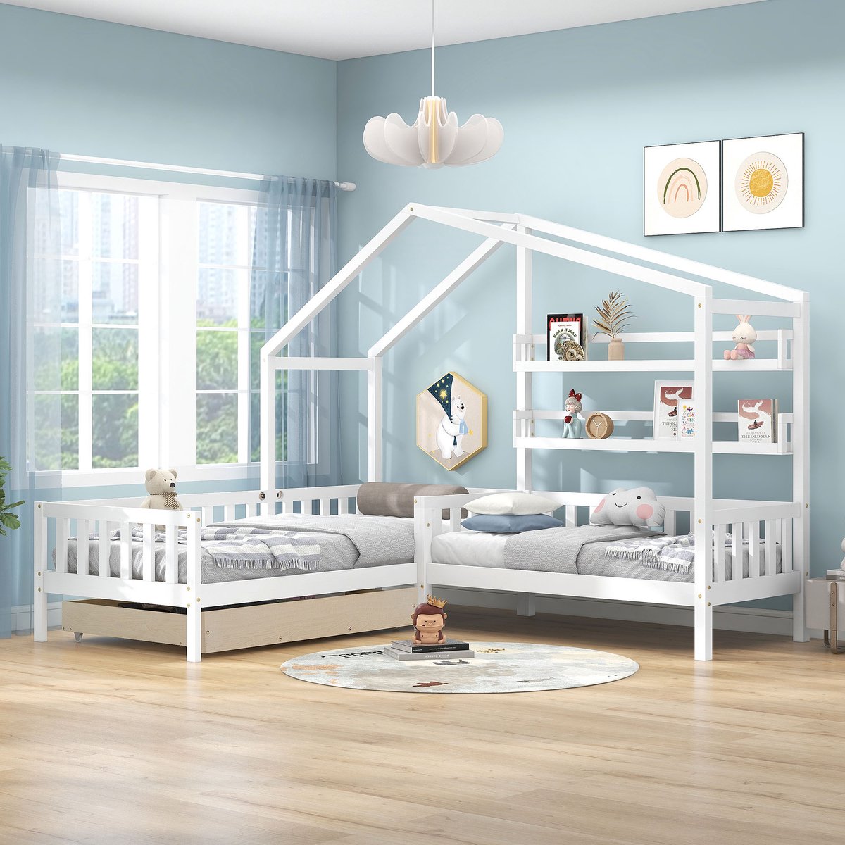SONNENH Kinderbedhuisbed met laden en planken, massief hout met hek en lattenbodem, L-structuur, wit (90x200 cm + 140x70cm)