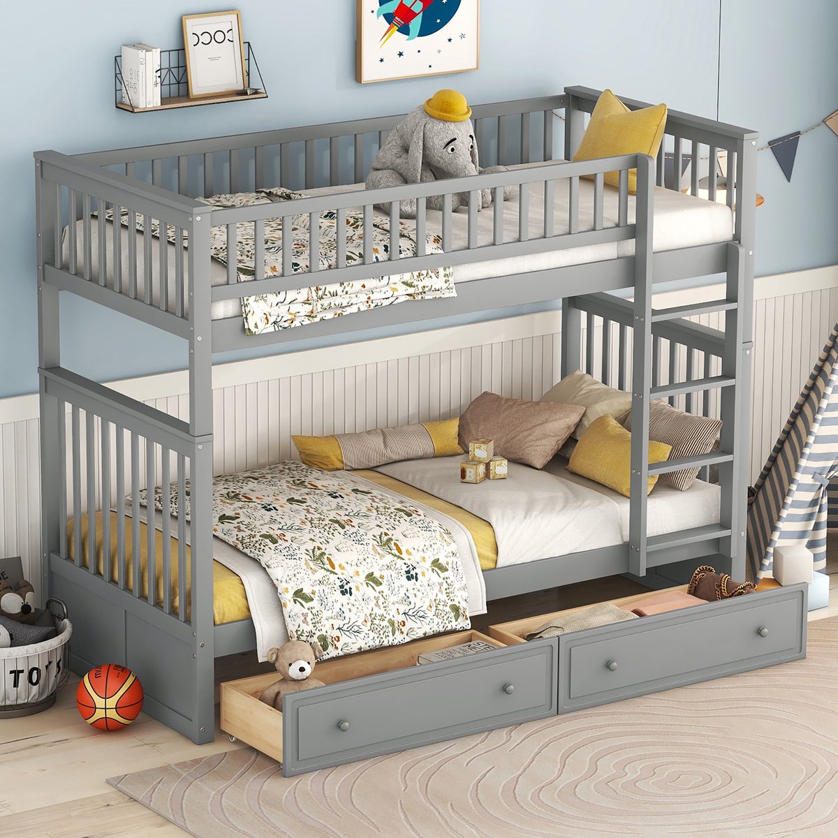90x200cm stapelbedden, kinderbedden, functionele bedden, stapelbedden met lades, ombouwbedden, grijs