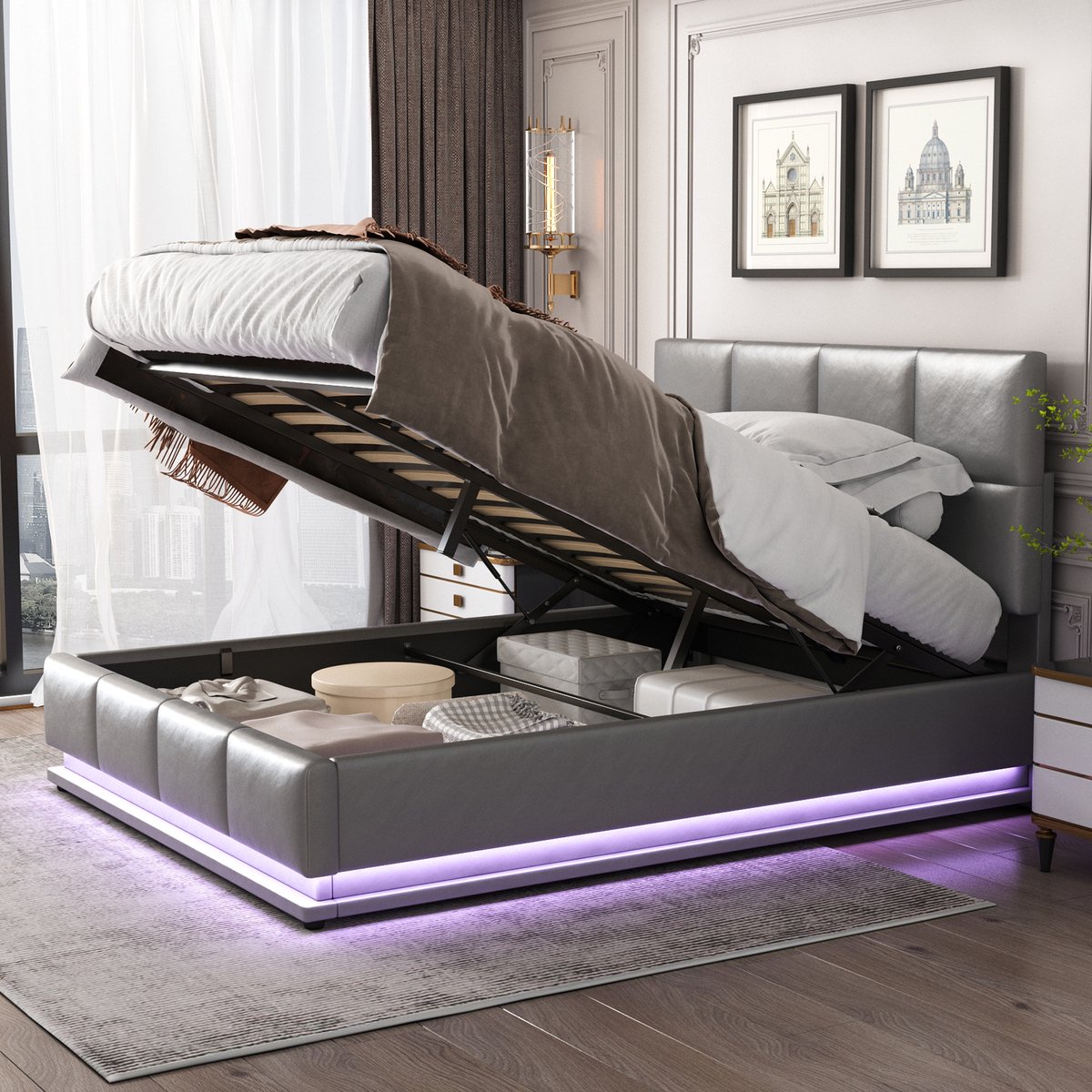 Gestoffeerd bed 140x200 cm met LED-verlichting & hydraulisch hefbare bedopbergruimte, bedbox & lattenbodemhoes van kunstleer tweepersoonsbed volwassen jeugdbed grijs