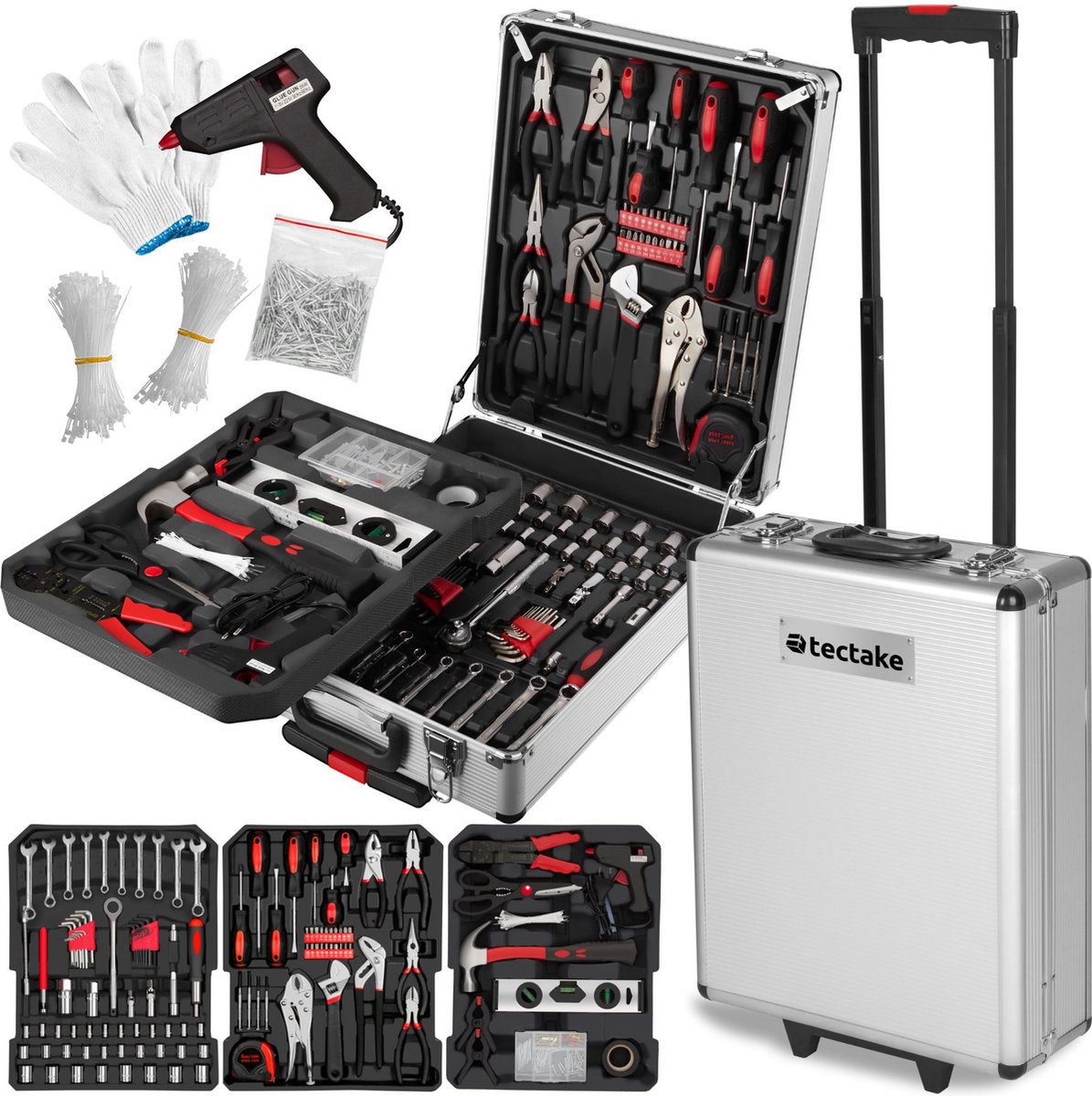tectake® gereedschapsset in aluminium koffer - gereedschapskoffer gevuld 799-delig - mobiele gereedschapstrolley - wagen met 3 niveaus en telescoopgreep - voor professionals en huishoudens - zilver