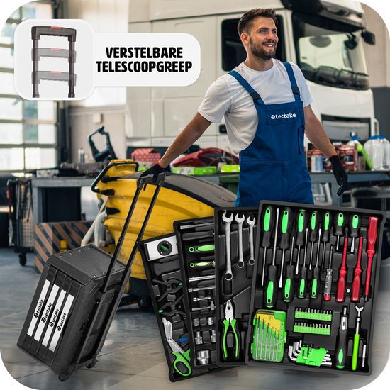 tectake® gereedschapsset in aluminium koffer, gereedschapskoffer gevuld 699-delig, mobiele gereedschapskoffer, telescoopgreep, grote gereedschapskist voor professionals en huishoudens - zwart