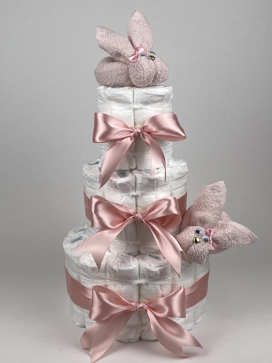 Foto: Chouette chouette luiertaart meisje kraamcadeau geboorte meisje babyshower konijnen blush roze donker poeder roze