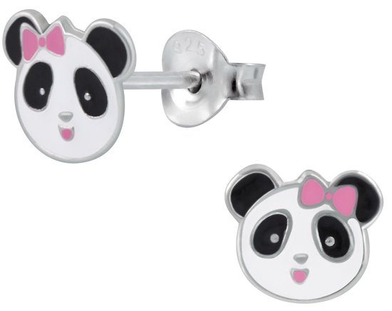 Joy|S - Zilveren Panda oorbellen - roze strikje