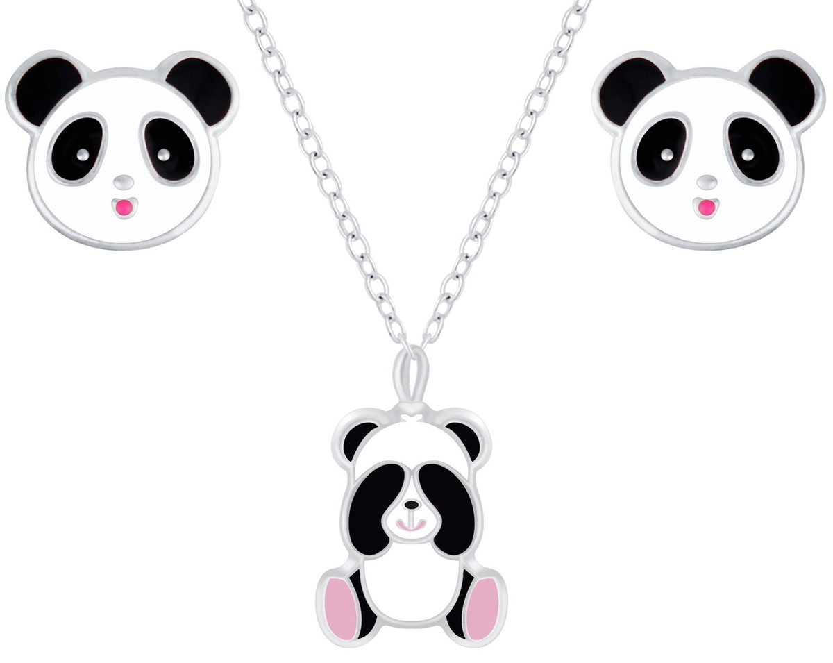 Joy|S - Zilveren panda hanger met ketting en panda oorbellen set