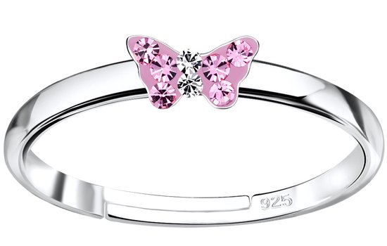 Joy|S - Zilveren vlinder ring verstelbaar - kristal roze - voor kinderen