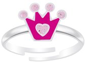 Joy|S - Zilveren kroontje ring- roze glitter - verstelbaar - voor kinderen