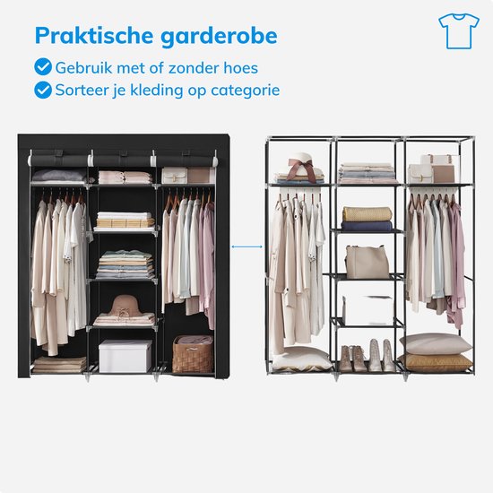 ACAZA Kledingkast - Kledingkasten Slaapkamer - Garderobekast - 175 x 150 x 45 cm - Opvouwbaar - Stof met Metaal - Stof met Metaal - Zwart