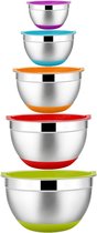 Mixing Bowl Set, 5-delige roestvrijstalen saladeschaalset met deksel en siliconen basis voor de keuken , multifunctioneel, stapelbaar, vaatwasmachinebestendig, 6,6 L / 3,5 L / 2,5 L / 1,5 L / 1 L