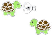 Joy|S - Zilveren schildpad oorbellen - 9 x 6 mm - groen bruin