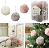 12 Boules de Noël peluche pelucheuses en fausse fourrure aux couleurs pastel : gris, rose et beige Ø9cm