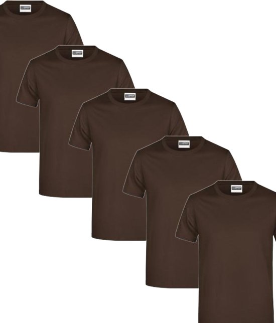 James & Nicholson 5 Pack Bruine T-Shirts Heren, 100% Katoen Ronde Hals, Ondershirts Maat M