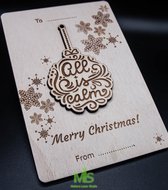 kerstkaart/ houten kerstkaart/ gepersonaliseerde kerstkaarten/ gepersonaliseerd cadeau/kerstkaart met kerstornament/ kerst staf