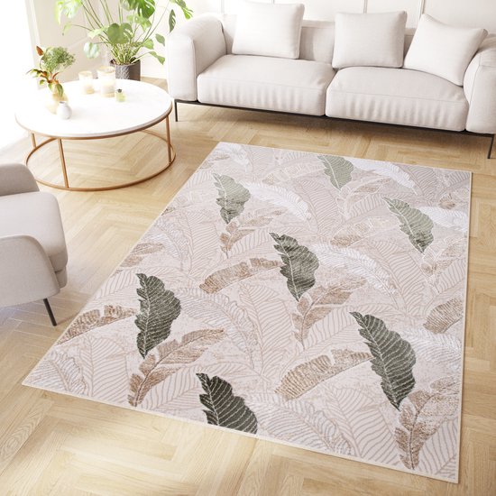 Tapiso Crystal Vloerkleed Beige Groen Bladeren Modern Tapijt Maat- 300x400