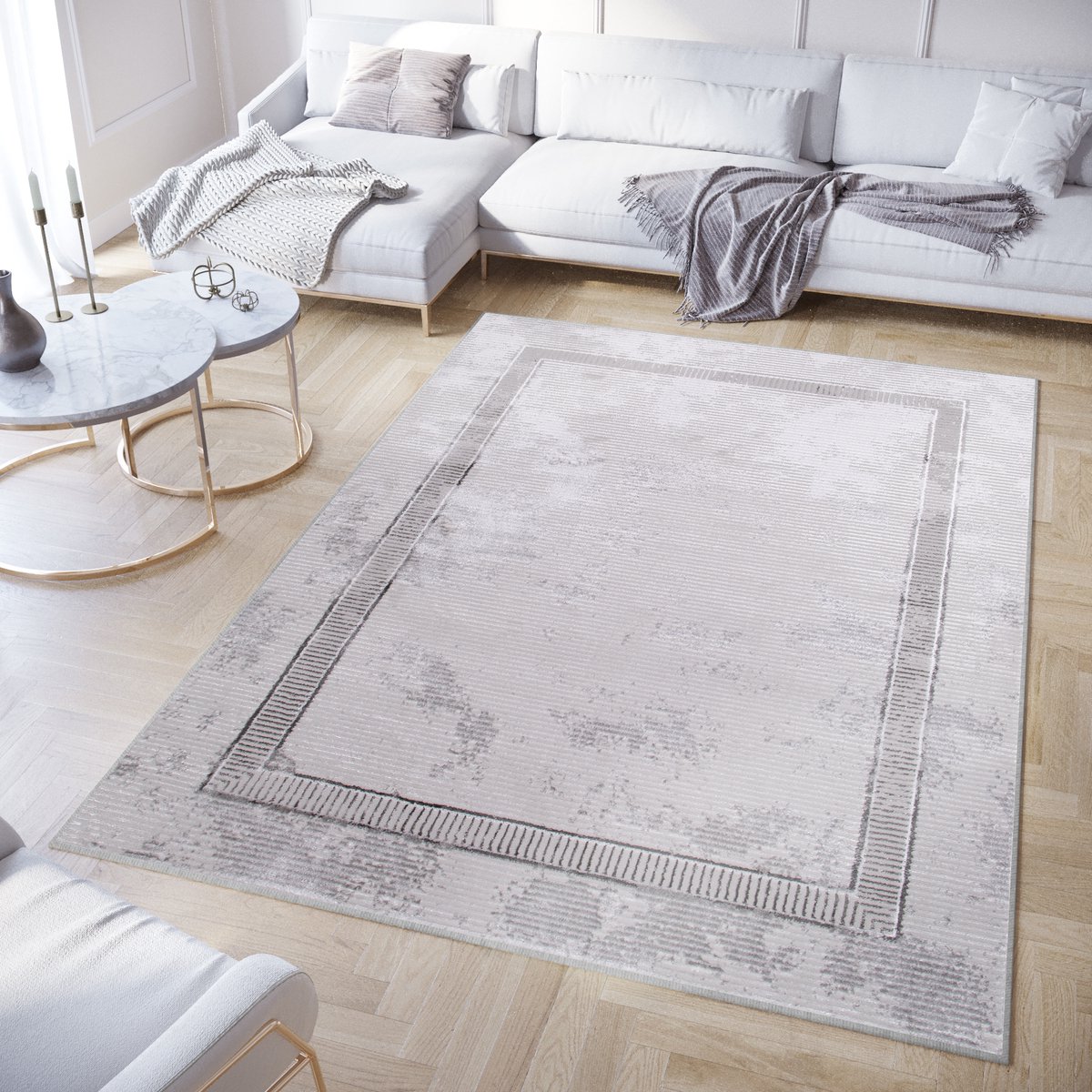 Tapiso Crystal Vloerkleed Grijs Frame Laagpolig Modern Tapijt Maat- 160x220