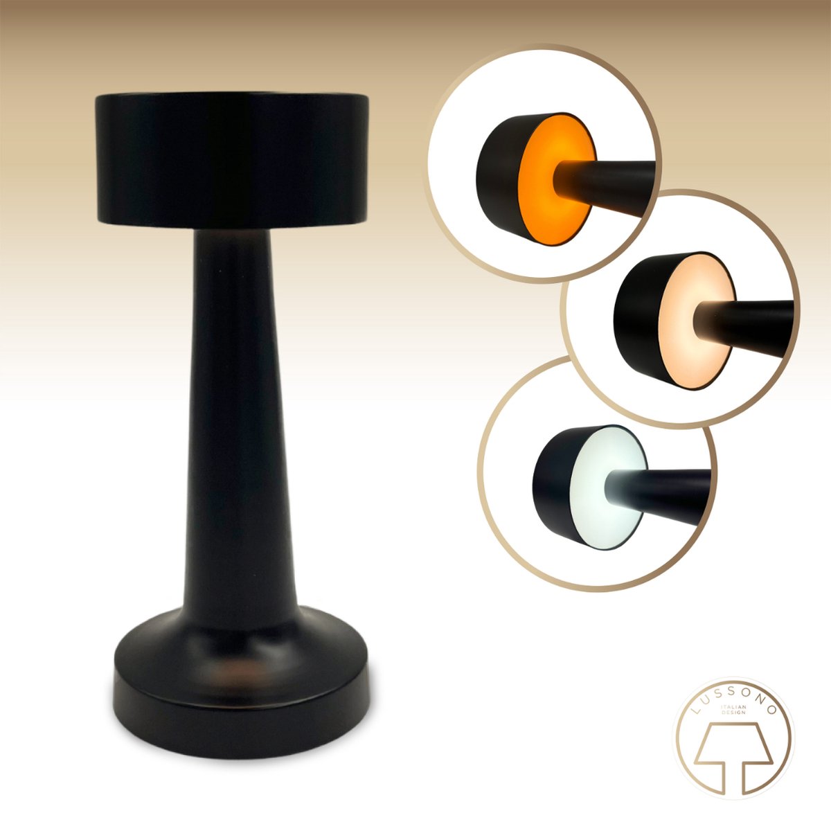 Lussono oplaadbare tafellamp - Zwart - Dimbaar - 2 jaar garantie - Accu