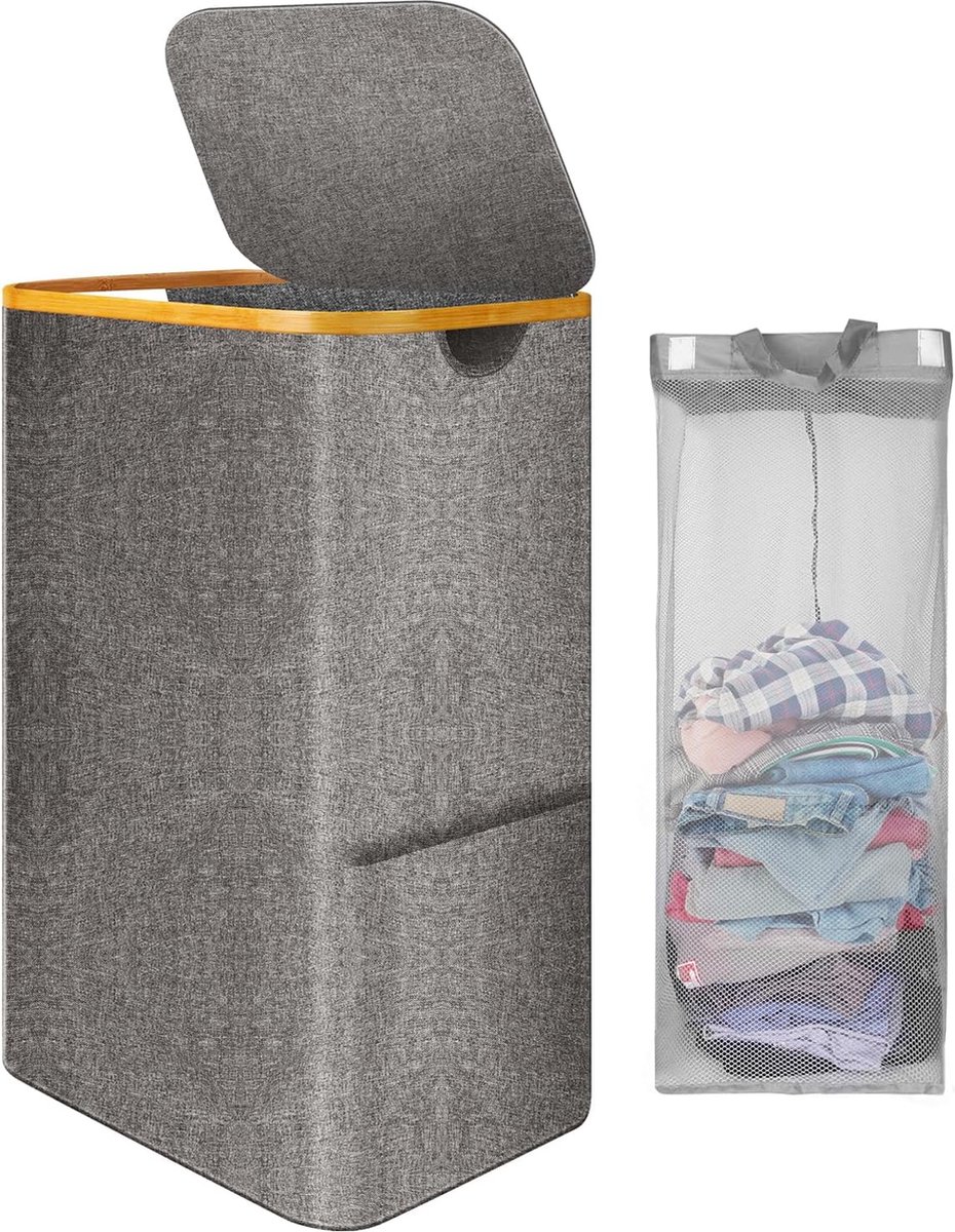 Goedkoopste Wasmand met deksel, 105L wasmand met verwijderbare waszak, opvouwbare bamboe waskast sorteerder, waszak, wasmand.