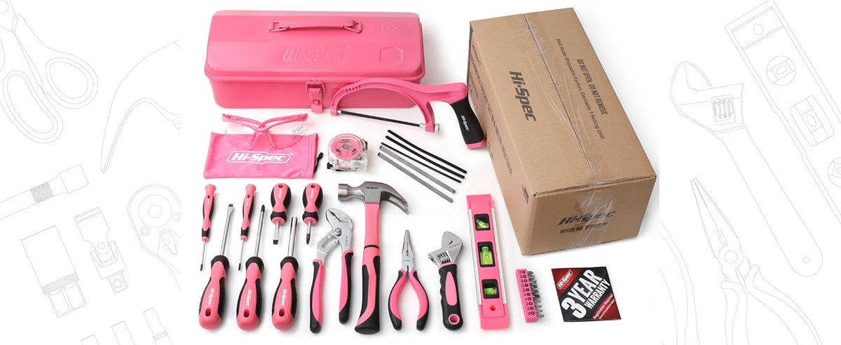 30-delige roze gereedschapsset met metalen kist: toolset met hamer, schroevendraaiers, tang, sleutel, zaag & meer voor thuisreparaties — cadeau in Tuin & Klussen - foto 6
