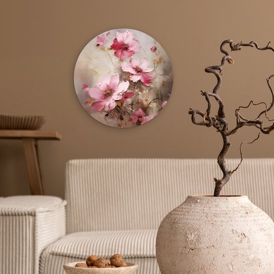 WallCircle - Wandcirkel bloemen olieverf 30x30 cm - Roze ronde schilderijen woonkamer - Wandbord kleurrijk rond - Muurdecoratie abstracte kunst - Kamer accessoires binnen - Roze decoratie - Wanddecoratie muurcirkel - Woonaccessoires