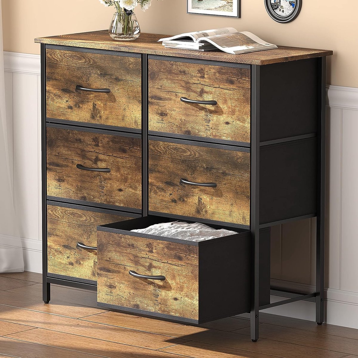 Ladenkast voor slaapkamer, Ladenkast met 6 stoffen laden, Opbergkast voor kabinet, woonkamer, gang, slaapkamer, kantoor, stalen frame & houten bovenkant, roestbruin.