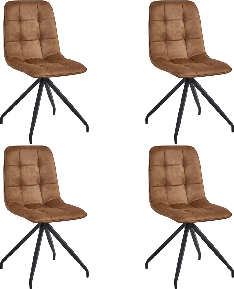 Colenis Farucci Eetkamerstoel - Set Van 4 - Cognac - Microfiber Stof - Moderne Eetkamerstoel Met Spinpoot