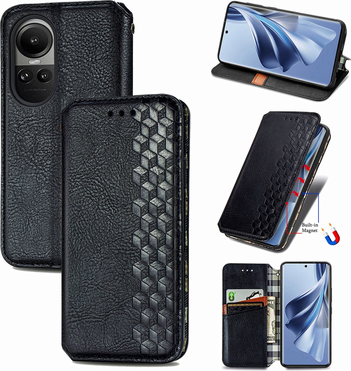 Luxe PU Lederen Ruitpatroon Wallet Case + PMMA Screenprotector voor OPPO Reno 10 _ Zwart