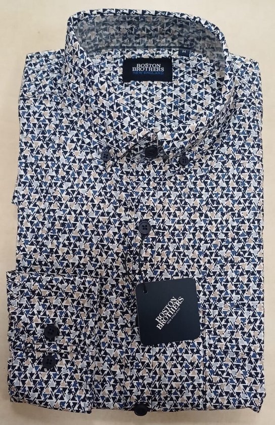 Boston Brothers overhemd - heren blouse - blauw print - 1467 - lange mouwen - maat L