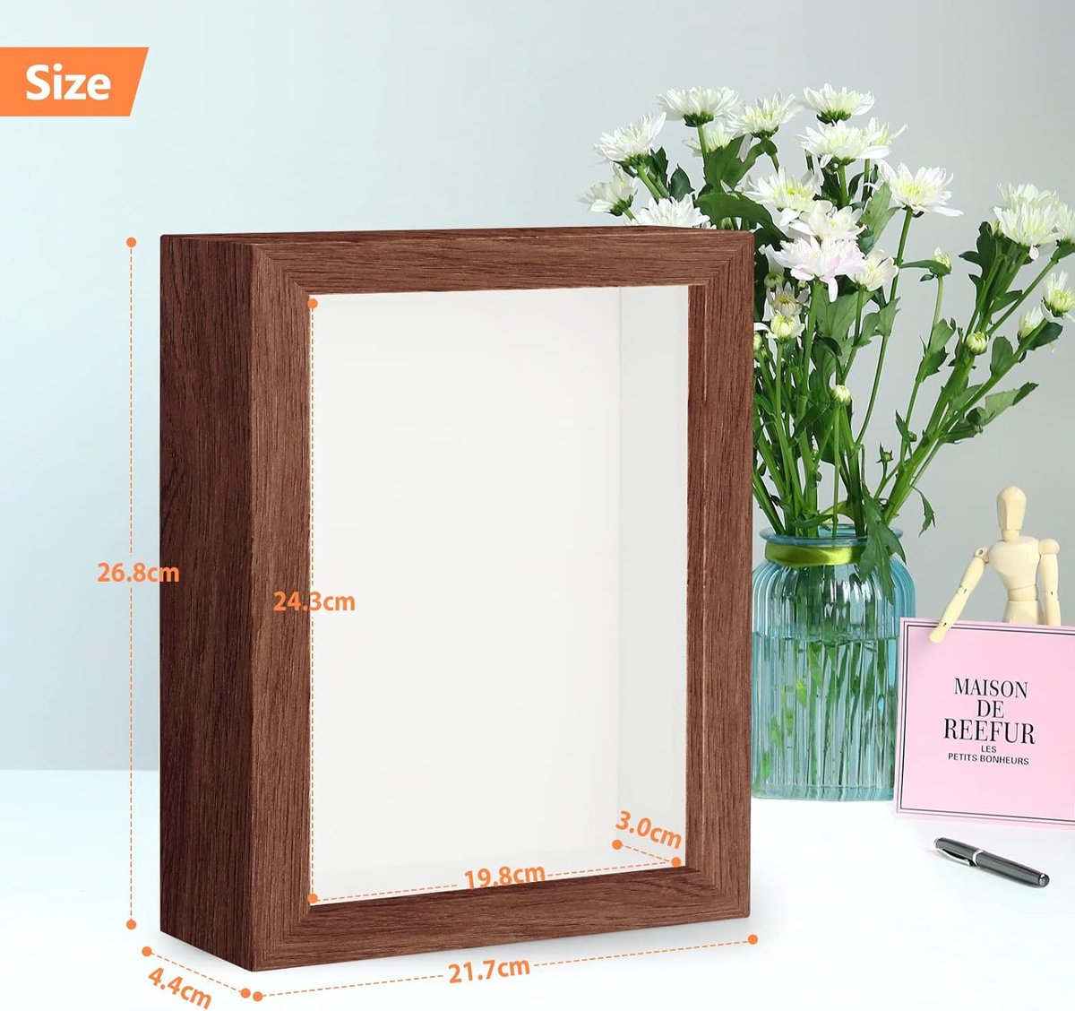 BD ART Box 3D objectlijst 23 x 23 cm (25 x 25), fotolijst met passe-partout 13 x 13 cm, vierkant, wit, om te vullen, dieper voor objecten, souvenirs 3 cm, voor wanddecoratie of desktop