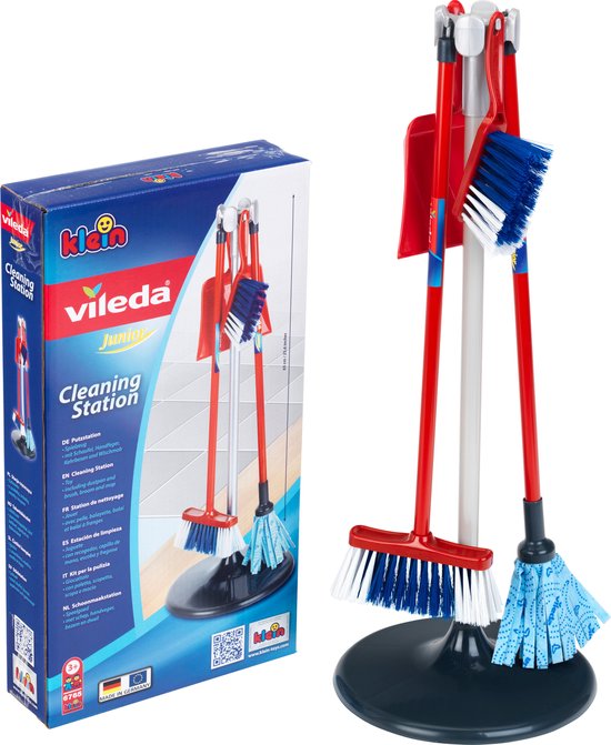 Klein Toys Vileda schoonmaakstation - stoffer, blik, bezem en dweil - incl. station voor ophangen en opbergen - 25x25x66 cm - rood blauw zwart - Klein