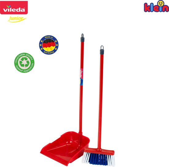 Klein Toys Vileda langsteelstoffer en blik - 56 cm lange steel - 55,5 cm lange bezem - rood blauw - Klein