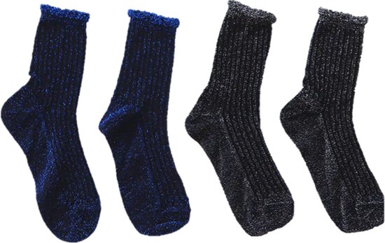 Jobo By JET - Ensemble de chaussettes Glitter - Lot de 2 - 2 paires de chaussettes - Argent - Blauw - Taille unique