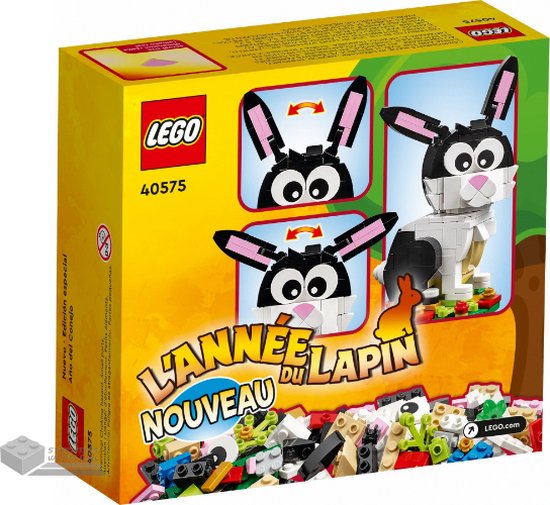 Le dos de la boîte LEGO "L'Année du Lapin" avec des instructions de montage, un lapin LEGO et des briques détachées.
