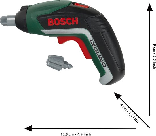 Bosch Ixolino II speelgoed schroevendraaier in groen, zwart en rood, met grijze bit en afmetingen.