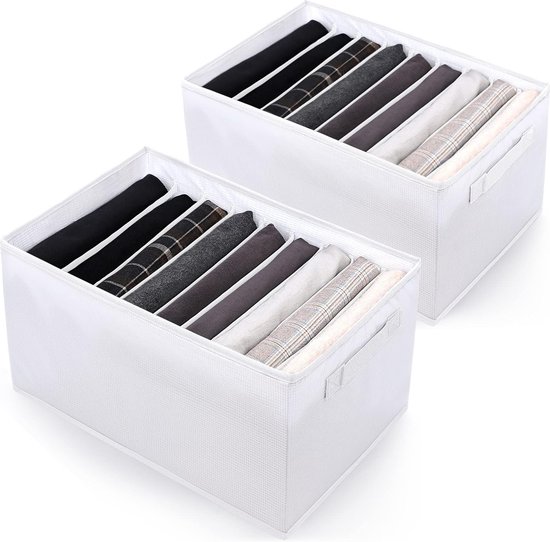 Kledingkast Organizer 9 Vakken Opbergdozen Lade Organizer, Set van 2 Opvouwbare Broekenopslag Kledingopslag voor Broeken, Truien, Jeans, T-shirts, Wit