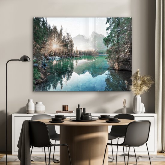 MuchoWow® Peinture sur verre 120x90 cm - Peinture sur verre acrylique - Nature - Arbres - Montagnes - Lac - Photo sur verre - Peintures