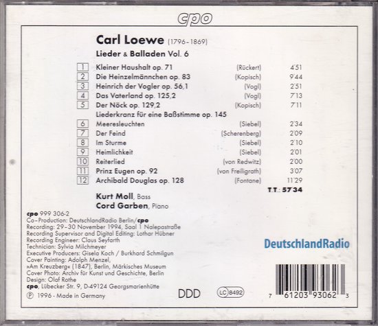 CD-hoes met titel "Carl Loewe Lieder & Balladen Vol. 6". Tracklist met componisten en uitvoerders.