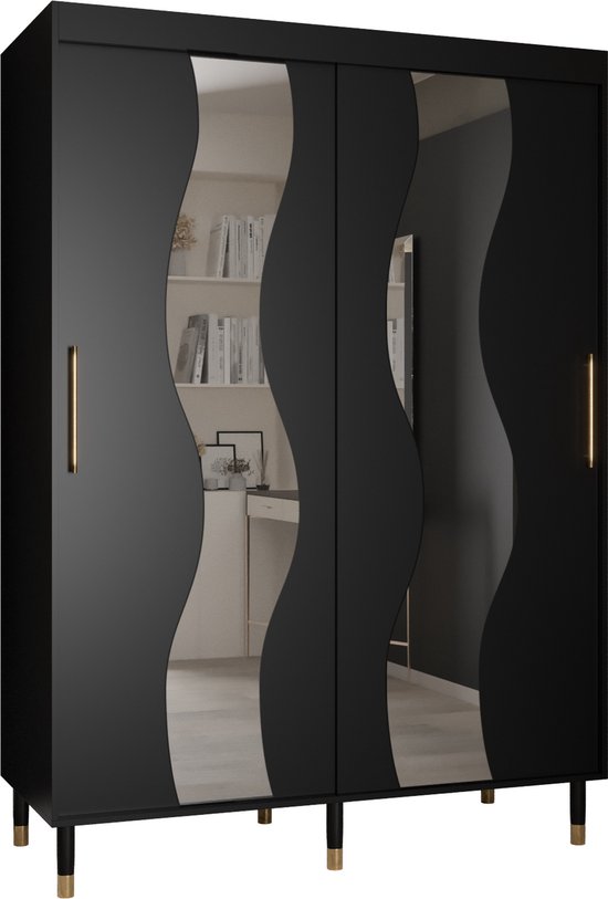 Zweefdeurkast met spiegel Kledingkast met 2 schuifdeuren Garderobekast slaapkamerkast Kledingstang met planken | elegante kledingkast, glamoureuze stijl (LxHxP): 150x208x62 cm - CAPS SEW (Zwart, 150 cm)
