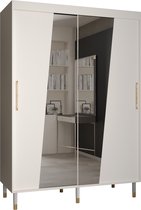 Zweefdeurkast met spiegel Kledingkast met 2 schuifdeuren Garderobekast slaapkamerkast Kledingstang met planken | elegante kledingkast, glamoureuze stijl (LxHxP): 150x208x62 cm - CAPS RHO (Wit, 150 cm) met lades