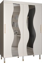 Zweefdeurkast met spiegel Kledingkast met 2 schuifdeuren Garderobekast slaapkamerkast Kledingstang met planken | elegante kledingkast, glamoureuze stijl (LxHxP): 150x208x62 cm - CAPS SEW (Wit, 150 cm) met lades