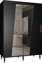 Zweefdeurkast met spiegel Kledingkast met 2 schuifdeuren Garderobekast slaapkamerkast Kledingstang met planken | elegante kledingkast, glamoureuze stijl (LxHxP): 150x208x62 cm - CAPS RHO (Zwart, 150 cm) met lades