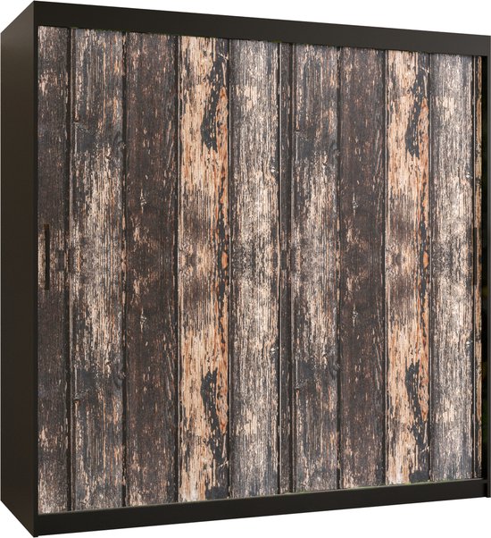 Zweefdeurkast Kledingkast met 2 schuifdeuren Garderobekast slaapkamerkast Kledingstang met planken (LxHxP): 180x200x62 cm - PASTEUR I (Zwart + oud houtpatroon, 180) met lades