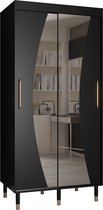 Zweefdeurkast met spiegel Kledingkast met 2 schuifdeuren Garderobekast slaapkamerkast Kledingstang met planken | elegante kledingkast, glamoureuze stijl (LxHxP): 100x208x62 cm - CAPS WAVE (Zwart, 100 cm) met lades