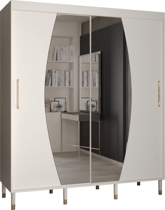 Zweefdeurkast met spiegel Kledingkast met 2 schuifdeuren Garderobekast slaapkamerkast Kledingstang met planken | elegante kledingkast, glamoureuze stijl (LxHxP): 180x208x62 cm - CAPS ELY (Wit, 180 cm)