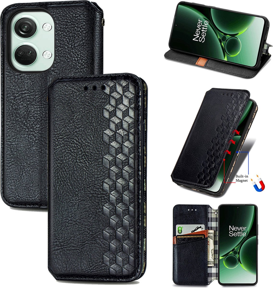 Luxe PU Lederen Ruitpatroon Wallet Case + PMMA Screenprotector voor OnePlus Nord 3 _ Zwart