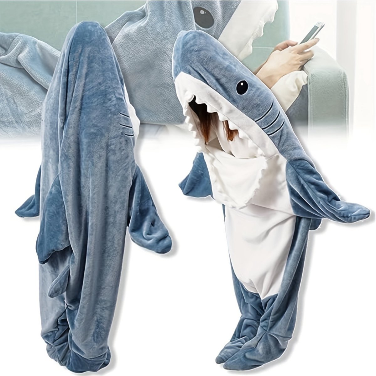Livano Hoodie Deken Met Mouwen - Knuffeldeken - Plaid - Fleece Blanket - Dames - Heren - Kinderen - Onesie - Extra Zacht & Warm - Haai Blauw