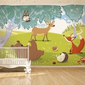 Fotobehangkoning - Behang - Vliesbehang - Fotobehang Bosdieren - Vrolijke dieren in het Bos - Kinderbehang - Funny animals - 100 x 70 cm