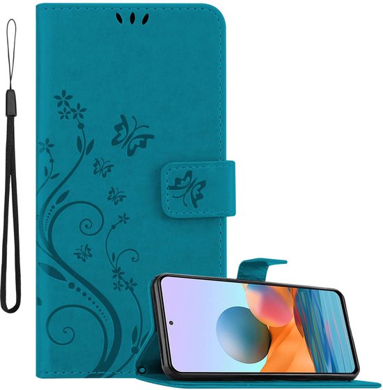 Étui de téléphone bleu avec imprimé floral, fermé par une bande velcro et une dragonne.