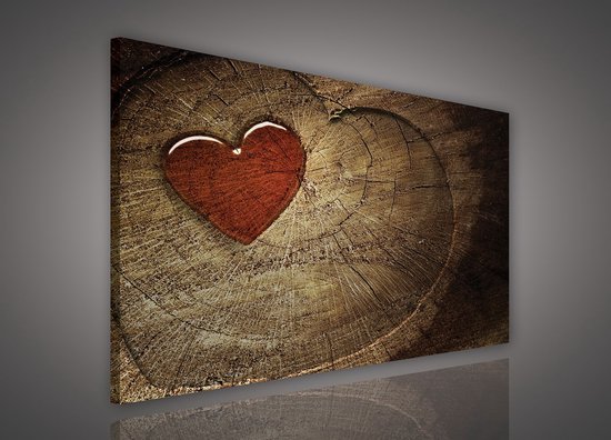 Peinture sur toile - Coeur rouge sur bois - Bois - Coeur - Amour - Décoration - Cadre inclus - 100x75cm (lxl)